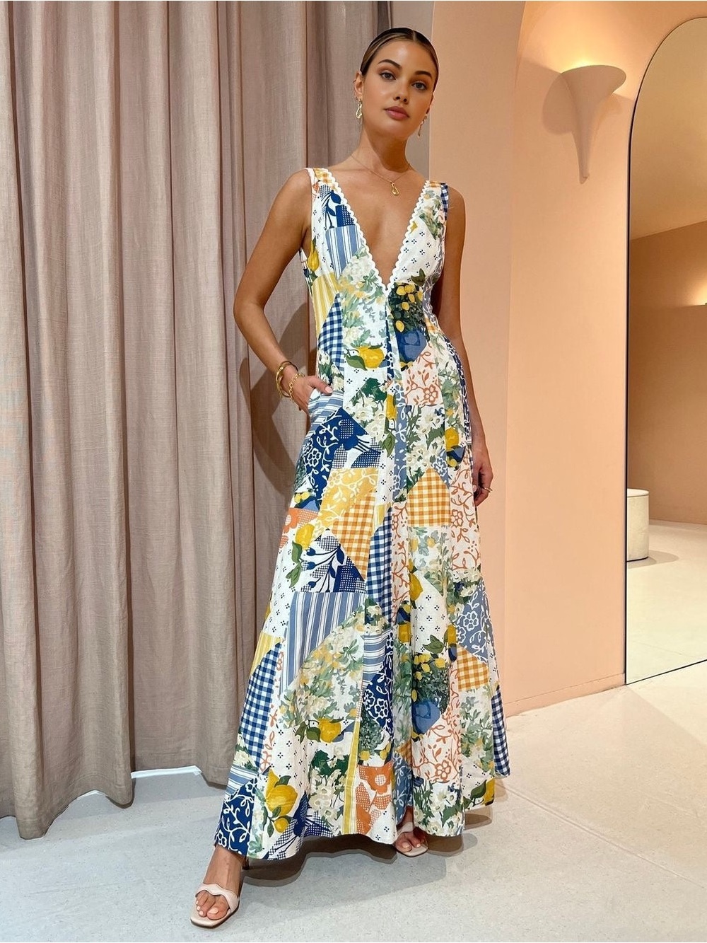 Commense Blue and Yellow Patchwork V-Neck Maxi Dress